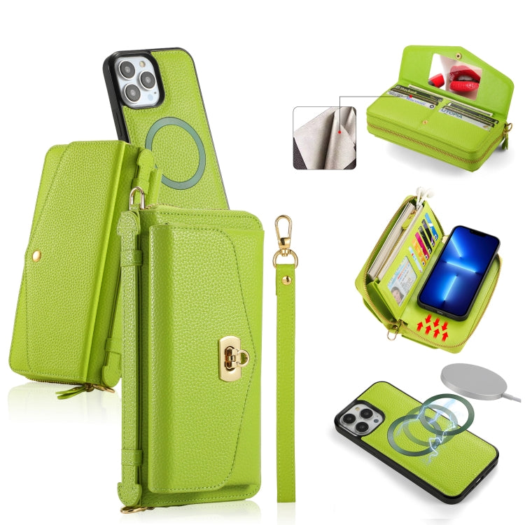 For iPhone 13 Pro MagSafe Crossbody Multi-functional Zipper Wallet Litchi Leather Phone Case(Green) - iPhone 13 Pro Cases by buy2fix | Online Shopping UK | buy2fix