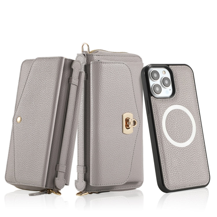 For iPhone 13 Pro MagSafe Crossbody Multi-functional Zipper Wallet Litchi Leather Phone Case(Grey) - iPhone 13 Pro Cases by buy2fix | Online Shopping UK | buy2fix