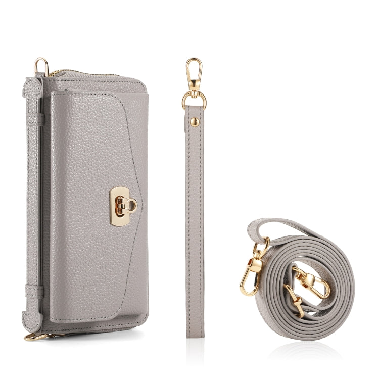 For iPhone 13 Pro MagSafe Crossbody Multi-functional Zipper Wallet Litchi Leather Phone Case(Grey) - iPhone 13 Pro Cases by buy2fix | Online Shopping UK | buy2fix