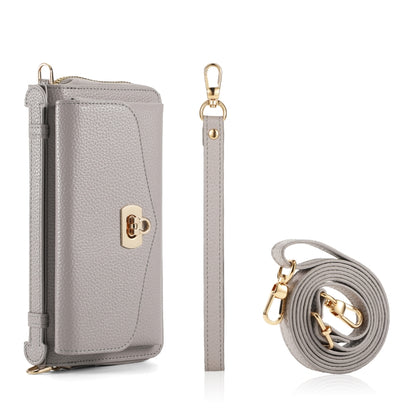 For iPhone 13 Pro MagSafe Crossbody Multi-functional Zipper Wallet Litchi Leather Phone Case(Grey) - iPhone 13 Pro Cases by buy2fix | Online Shopping UK | buy2fix