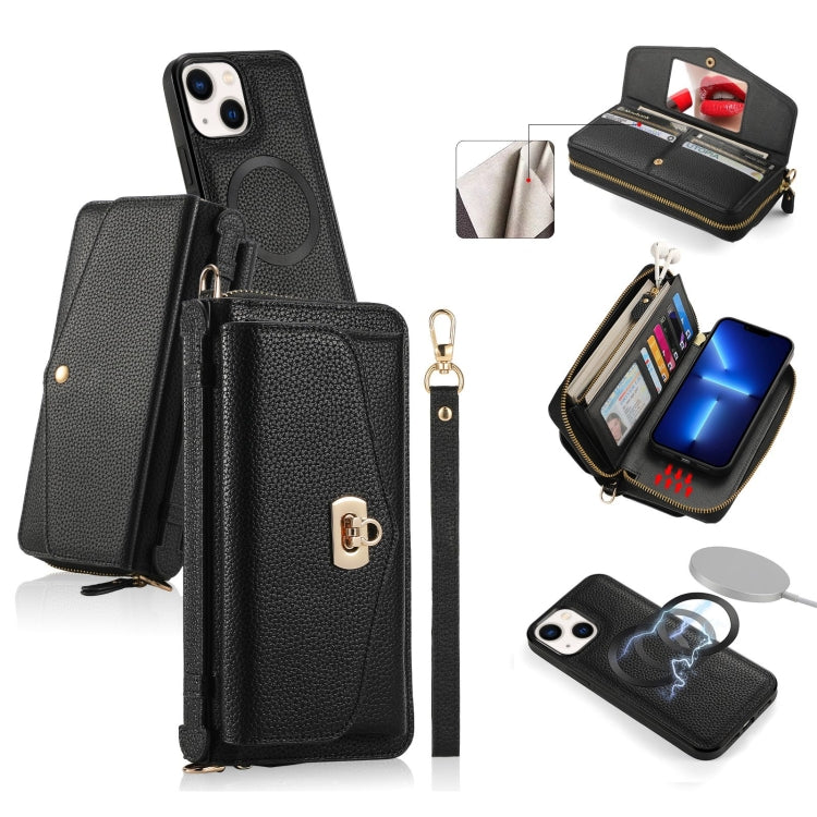 For iPhone 13 MagSafe Crossbody Multi-functional Zipper Wallet Litchi Leather Phone Case(Black) - iPhone 13 Cases by buy2fix | Online Shopping UK | buy2fix