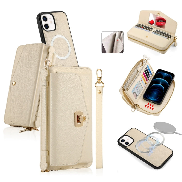 For iPhone 12 MagSafe Crossbody Multi-functional Zipper Wallet Litchi Leather Phone Case(White) - iPhone 12 / 12 Pro Cases by buy2fix | Online Shopping UK | buy2fix