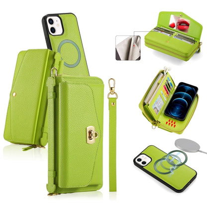 For iPhone 12 MagSafe Crossbody Multi-functional Zipper Wallet Litchi Leather Phone Case(Green) - iPhone 12 / 12 Pro Cases by buy2fix | Online Shopping UK | buy2fix