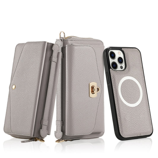 For iPhone 12 MagSafe Crossbody Multi-functional Zipper Wallet Litchi Leather Phone Case(Grey) - iPhone 12 / 12 Pro Cases by buy2fix | Online Shopping UK | buy2fix