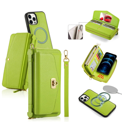 For iPhone 12 Pro Max MagSafe Crossbody Multi-functional Zipper Wallet Litchi Leather Phone Case(Green) - iPhone 12 Pro Max Cases by buy2fix | Online Shopping UK | buy2fix