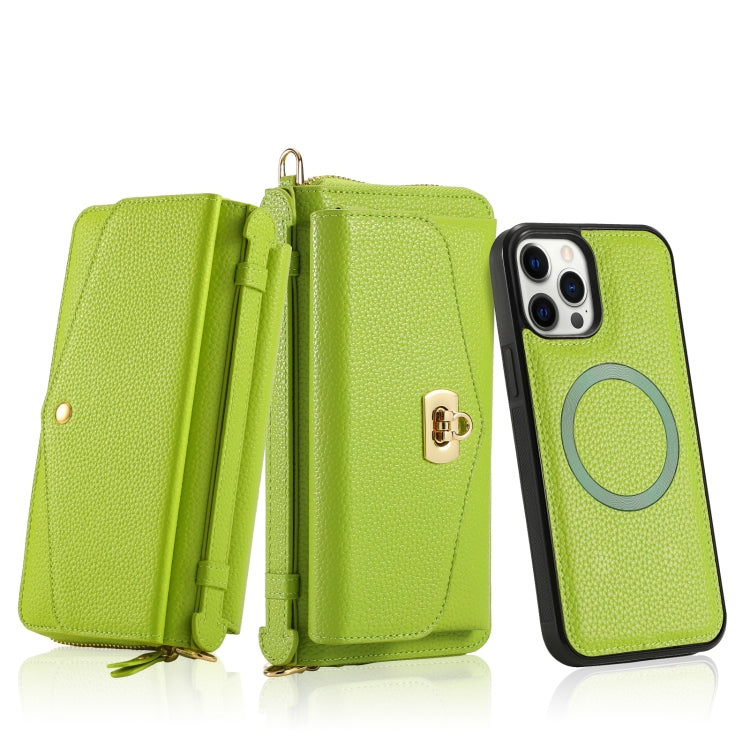 For iPhone 12 Pro Max MagSafe Crossbody Multi-functional Zipper Wallet Litchi Leather Phone Case(Green) - iPhone 12 Pro Max Cases by buy2fix | Online Shopping UK | buy2fix