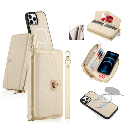 For iPhone 12 Pro MagSafe Crossbody Multi-functional Zipper Wallet Litchi Leather Phone Case(White) - iPhone 12 / 12 Pro Cases by buy2fix | Online Shopping UK | buy2fix