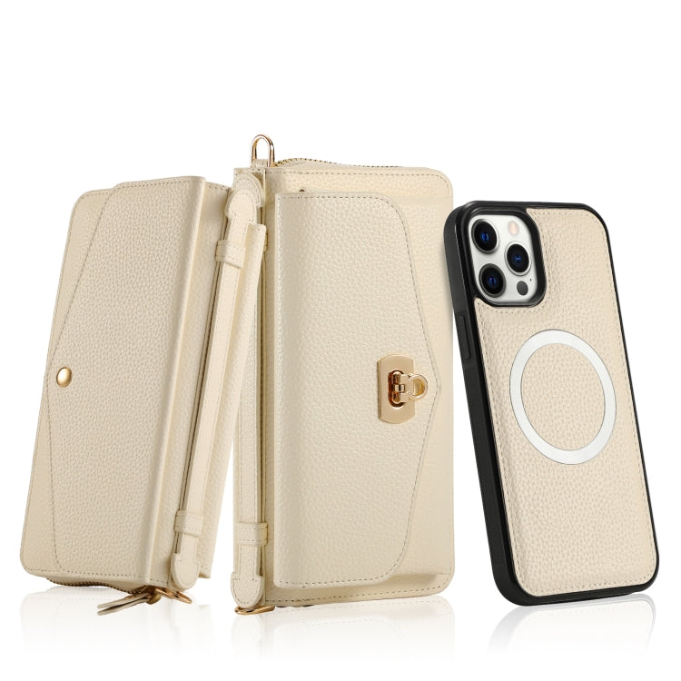 For iPhone 12 Pro MagSafe Crossbody Multi-functional Zipper Wallet Litchi Leather Phone Case(White) - iPhone 12 / 12 Pro Cases by buy2fix | Online Shopping UK | buy2fix