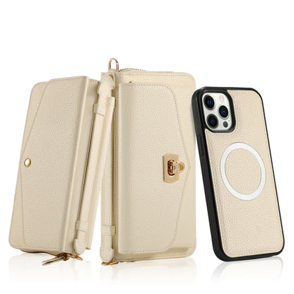 For iPhone 12 Pro MagSafe Crossbody Multi-functional Zipper Wallet Litchi Leather Phone Case(White) - iPhone 12 / 12 Pro Cases by buy2fix | Online Shopping UK | buy2fix