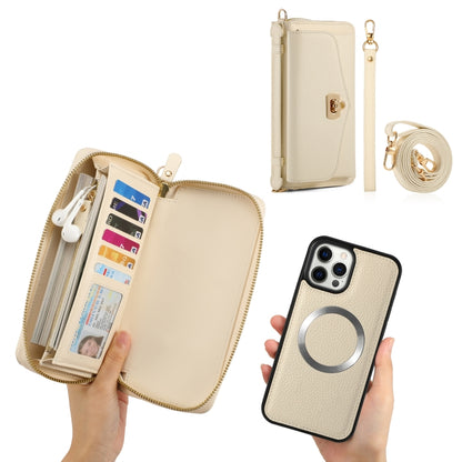 For iPhone 12 Pro MagSafe Crossbody Multi-functional Zipper Wallet Litchi Leather Phone Case(White) - iPhone 12 / 12 Pro Cases by buy2fix | Online Shopping UK | buy2fix