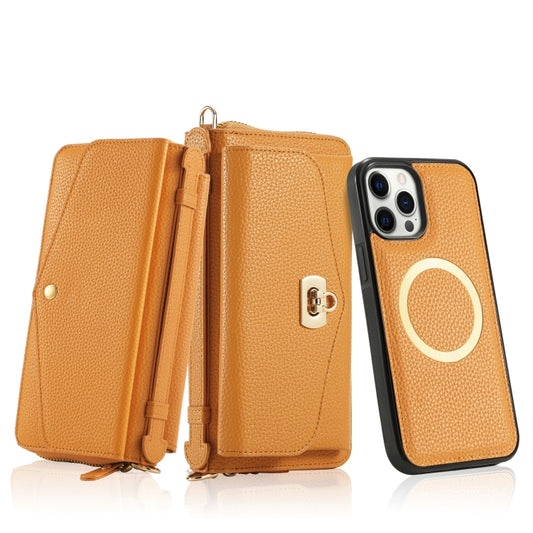 For iPhone 12 Pro MagSafe Crossbody Multi-functional Zipper Wallet Litchi Leather Phone Case(Orange) - iPhone 12 / 12 Pro Cases by buy2fix | Online Shopping UK | buy2fix