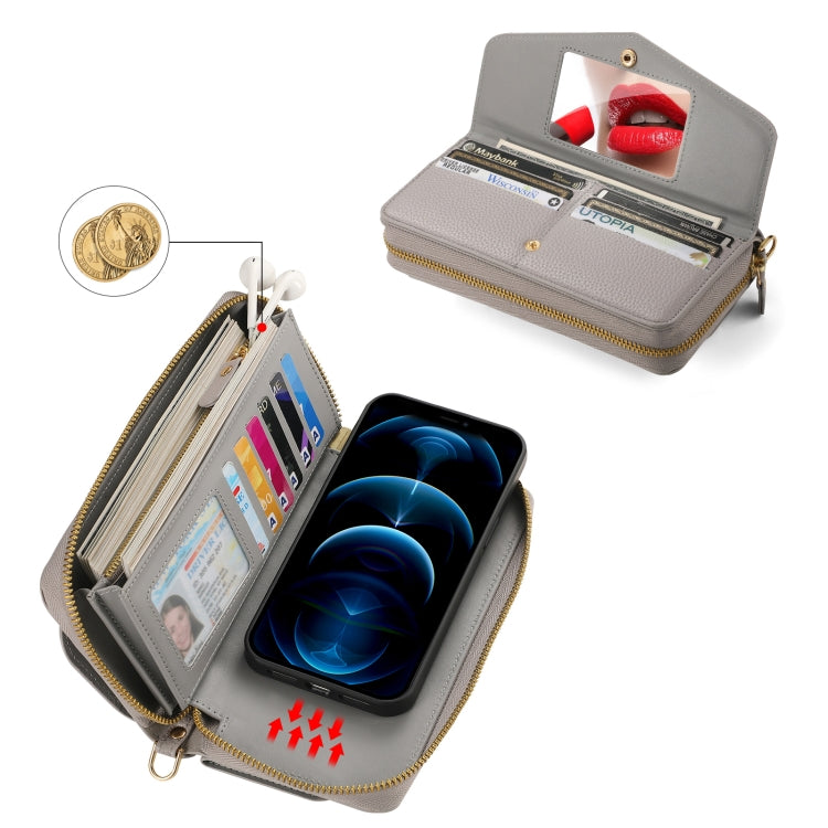 For iPhone 12 Pro MagSafe Crossbody Multi-functional Zipper Wallet Litchi Leather Phone Case(Grey) by buy2fix