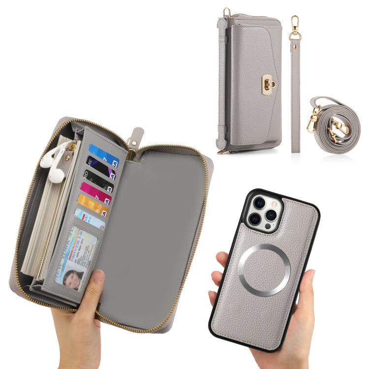 For iPhone 12 Pro MagSafe Crossbody Multi-functional Zipper Wallet Litchi Leather Phone Case(Grey) by buy2fix