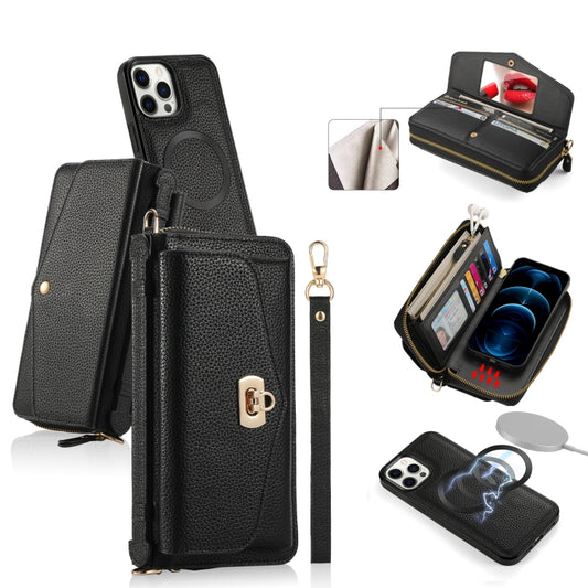 For iPhone 12 Pro MagSafe Crossbody Multi-functional Zipper Wallet Litchi Leather Phone Case(Black) - iPhone 12 / 12 Pro Cases by buy2fix | Online Shopping UK | buy2fix