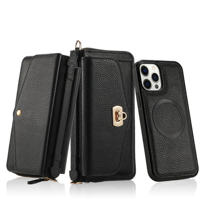 For iPhone 12 Pro MagSafe Crossbody Multi-functional Zipper Wallet Litchi Leather Phone Case(Black) - iPhone 12 / 12 Pro Cases by buy2fix | Online Shopping UK | buy2fix