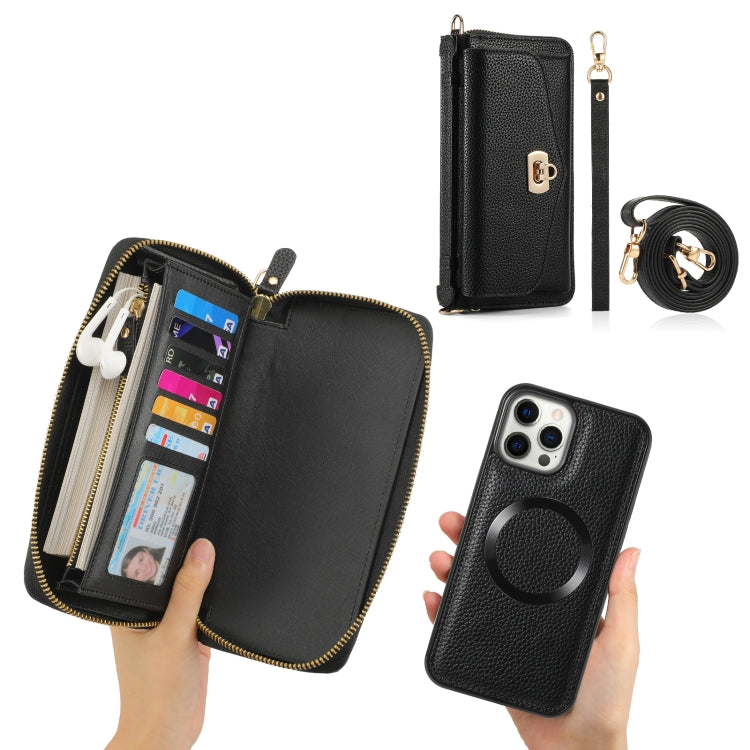 For iPhone 12 Pro MagSafe Crossbody Multi-functional Zipper Wallet Litchi Leather Phone Case(Black) - iPhone 12 / 12 Pro Cases by buy2fix | Online Shopping UK | buy2fix
