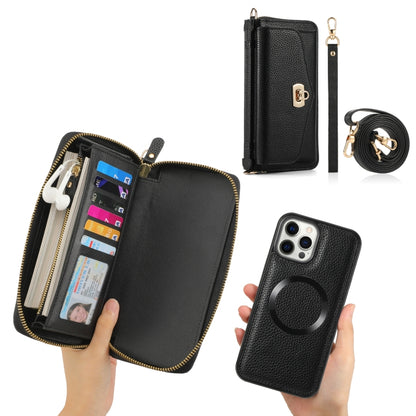 For iPhone 12 Pro MagSafe Crossbody Multi-functional Zipper Wallet Litchi Leather Phone Case(Black) - iPhone 12 / 12 Pro Cases by buy2fix | Online Shopping UK | buy2fix