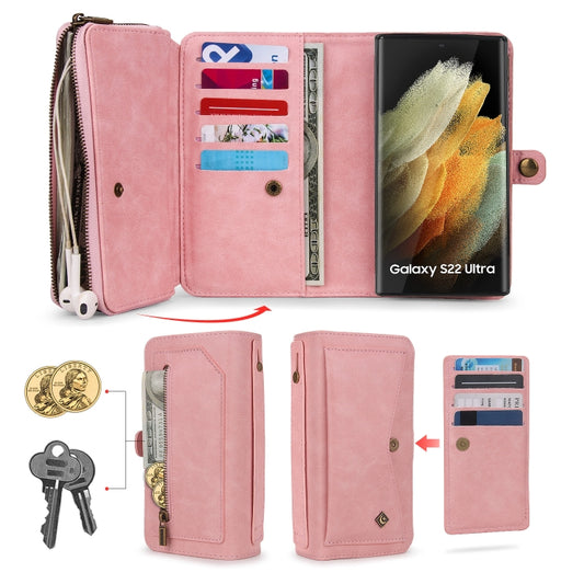 For Samsung Galaxy S22 Ultra 5G Multi-functional Zipper Wallet Leather Phone Case(Pink) - Galaxy S22 Ultra 5G Cases by buy2fix | Online Shopping UK | buy2fix
