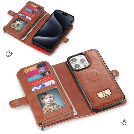 For iPhone 15 Pro Multi-functional Zipper Wallet Leather Phone Case(Brown) - iPhone 15 Pro Cases by buy2fix | Online Shopping UK | buy2fix