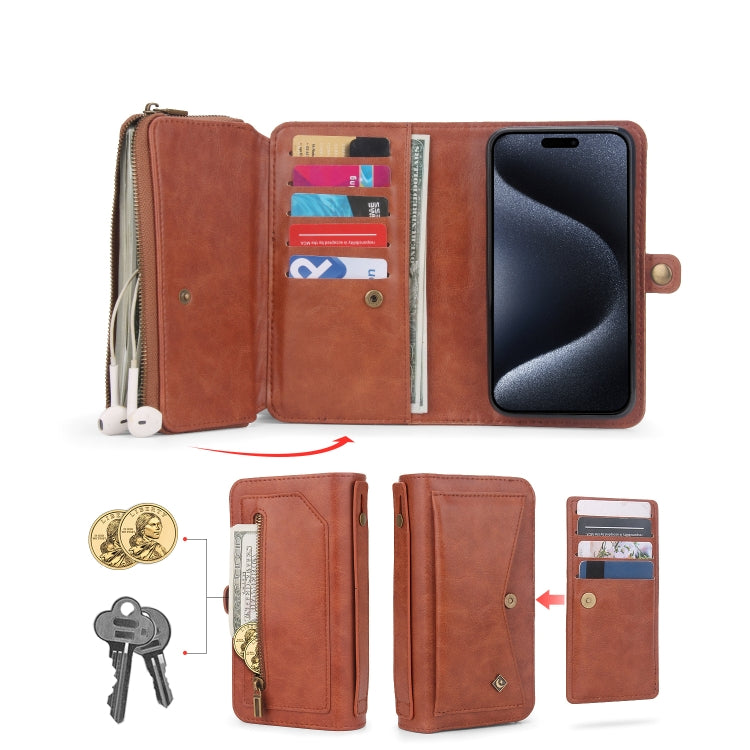 For iPhone 15 Pro Multi-functional Zipper Wallet Leather Phone Case(Brown) - iPhone 15 Pro Cases by buy2fix | Online Shopping UK | buy2fix