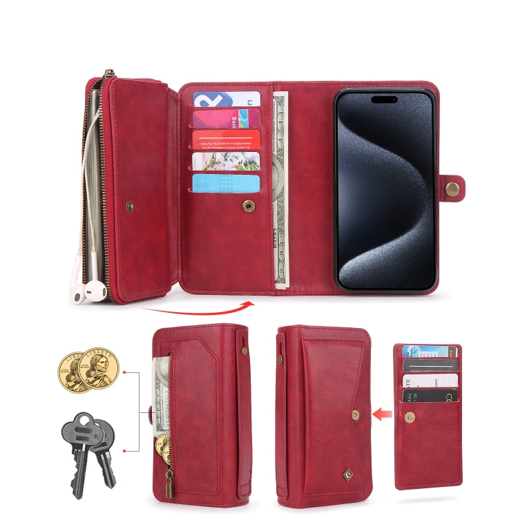 For iPhone 15 Pro Multi-functional Zipper Wallet Leather Phone Case(Red) - iPhone 15 Pro Cases by buy2fix | Online Shopping UK | buy2fix