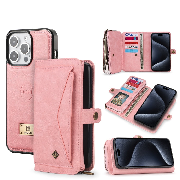For iPhone 15 Pro Multi-functional Zipper Wallet Leather Phone Case(Pink) - iPhone 15 Pro Cases by buy2fix | Online Shopping UK | buy2fix