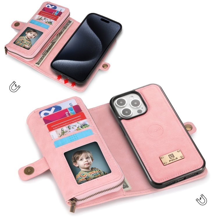 For iPhone 15 Pro Multi-functional Zipper Wallet Leather Phone Case(Pink) - iPhone 15 Pro Cases by buy2fix | Online Shopping UK | buy2fix
