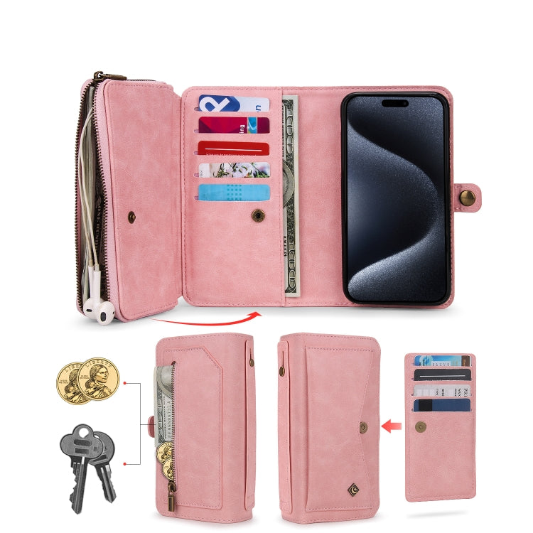 For iPhone 15 Pro Multi-functional Zipper Wallet Leather Phone Case(Pink) - iPhone 15 Pro Cases by buy2fix | Online Shopping UK | buy2fix