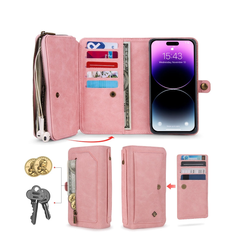 For iPhone 14 Plus Multi-functional Zipper Wallet Leather Phone Case(Pink) - iPhone 14 Plus Cases by buy2fix | Online Shopping UK | buy2fix