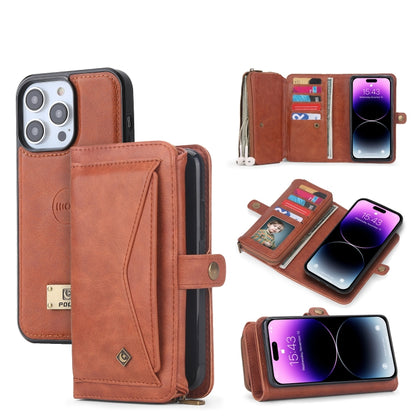 For iPhone 14 Multi-functional Zipper Wallet Leather Phone Case(Brown) - iPhone 14 Cases by buy2fix | Online Shopping UK | buy2fix