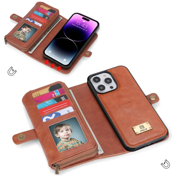 For iPhone 14 Multi-functional Zipper Wallet Leather Phone Case(Brown) - iPhone 14 Cases by buy2fix | Online Shopping UK | buy2fix