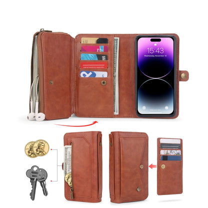 For iPhone 14 Multi-functional Zipper Wallet Leather Phone Case(Brown) - iPhone 14 Cases by buy2fix | Online Shopping UK | buy2fix