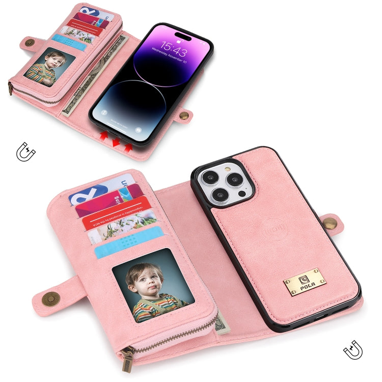 For iPhone 14 Multi-functional Zipper Wallet Leather Phone Case(Pink) - iPhone 14 Cases by buy2fix | Online Shopping UK | buy2fix
