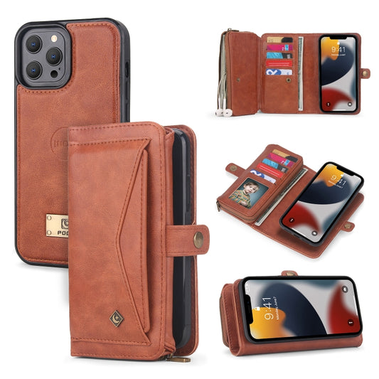 For iPhone 13 Pro Multi-functional Zipper Wallet Leather Phone Case(Brown) - iPhone 13 Pro Cases by buy2fix | Online Shopping UK | buy2fix