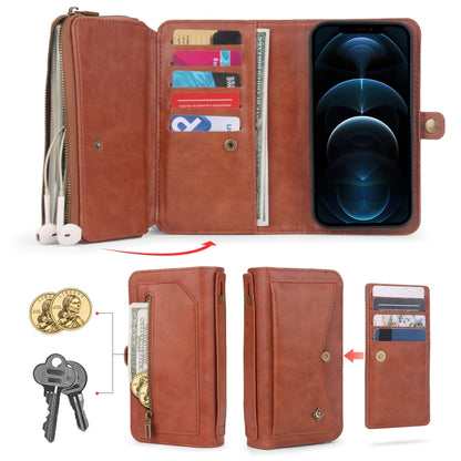 For iPhone 12 Multi-functional Zipper Wallet Leather Phone Case(Brown) - iPhone 12 / 12 Pro Cases by buy2fix | Online Shopping UK | buy2fix