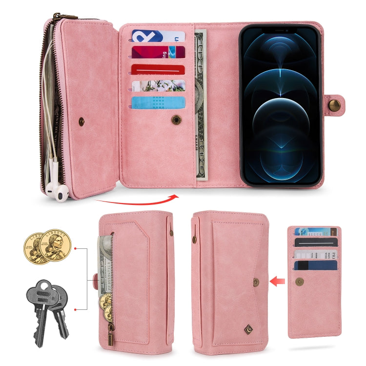 For iPhone 12 Multi-functional Zipper Wallet Leather Phone Case(Pink) - iPhone 12 / 12 Pro Cases by buy2fix | Online Shopping UK | buy2fix