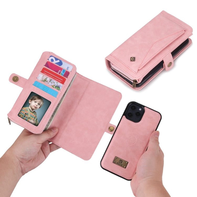 For iPhone 12 Multi-functional Zipper Wallet Leather Phone Case(Pink) - iPhone 12 / 12 Pro Cases by buy2fix | Online Shopping UK | buy2fix
