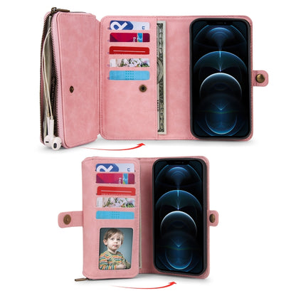 For iPhone 12 Multi-functional Zipper Wallet Leather Phone Case(Pink) - iPhone 12 / 12 Pro Cases by buy2fix | Online Shopping UK | buy2fix