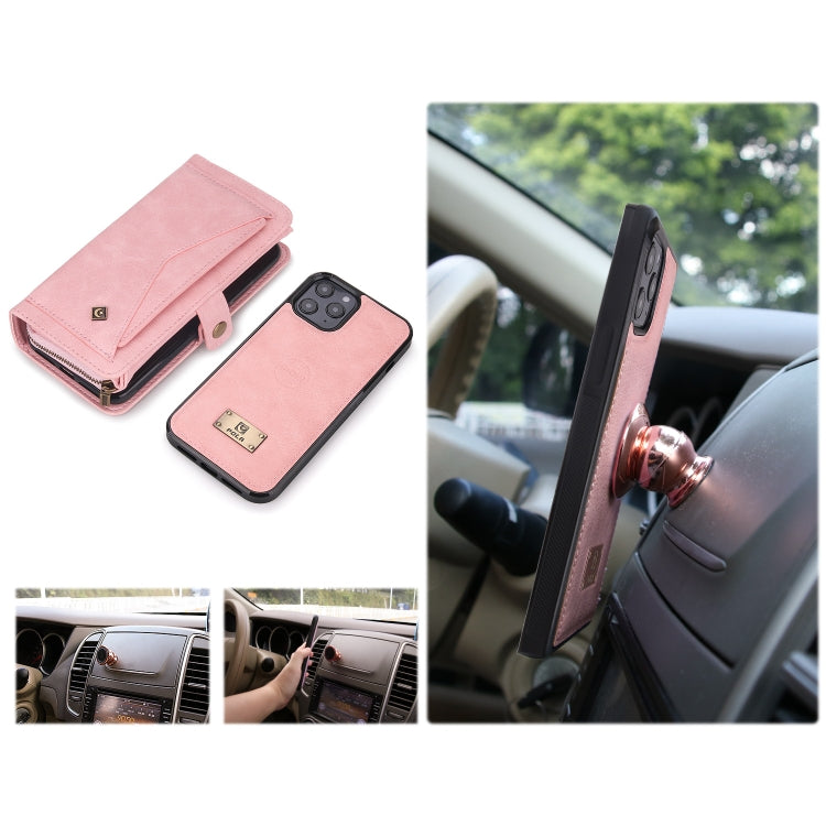 For iPhone 12 Multi-functional Zipper Wallet Leather Phone Case(Pink) - iPhone 12 / 12 Pro Cases by buy2fix | Online Shopping UK | buy2fix