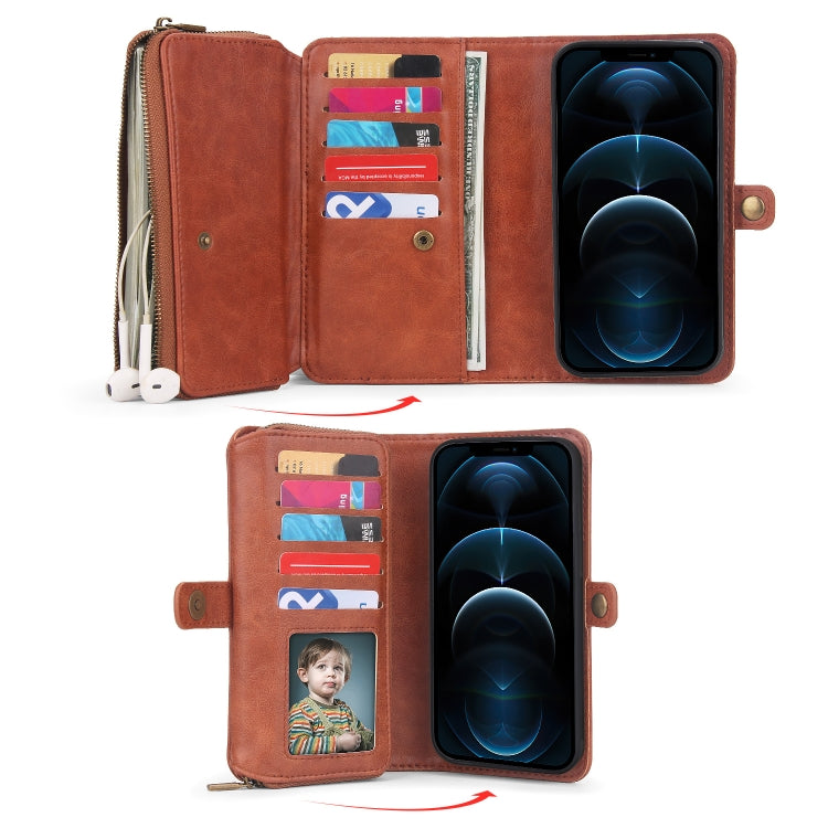 For iPhone 12 Pro Max Multi-functional Zipper Wallet Leather Phone Case(Brown) - iPhone 12 Pro Max Cases by buy2fix | Online Shopping UK | buy2fix