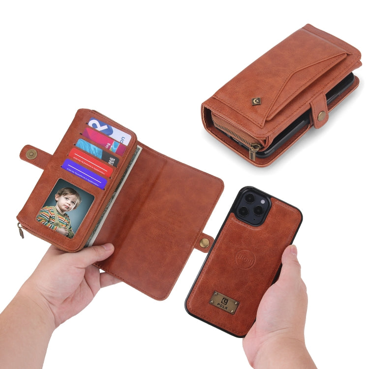 For iPhone 12 Pro Multi-functional Zipper Wallet Leather Phone Case(Brown) - iPhone 12 / 12 Pro Cases by buy2fix | Online Shopping UK | buy2fix