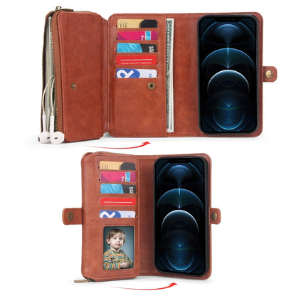 For iPhone 12 Pro Multi-functional Zipper Wallet Leather Phone Case(Brown) - iPhone 12 / 12 Pro Cases by buy2fix | Online Shopping UK | buy2fix
