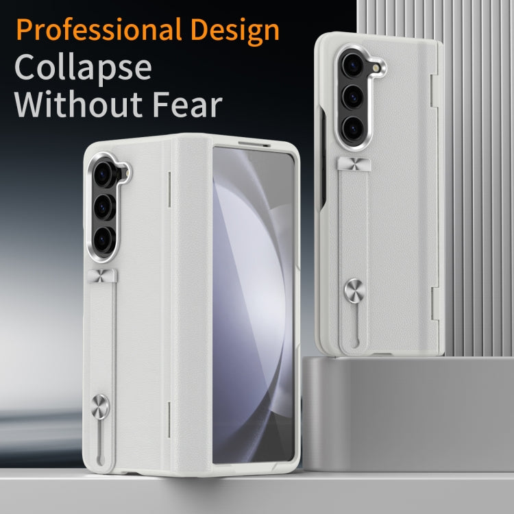For Samsung Galaxy Z Fold5 5G Wristband Holder Grain Leather Folding Phone Case(White) - Galaxy Z Fold5 Cases by buy2fix | Online Shopping UK | buy2fix