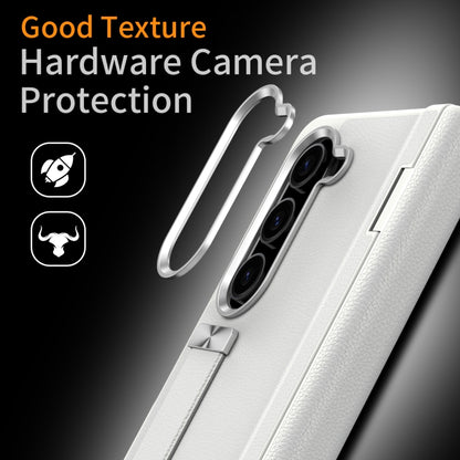 For Samsung Galaxy Z Fold5 5G Wristband Holder Grain Leather Folding Phone Case(White) - Galaxy Z Fold5 Cases by buy2fix | Online Shopping UK | buy2fix