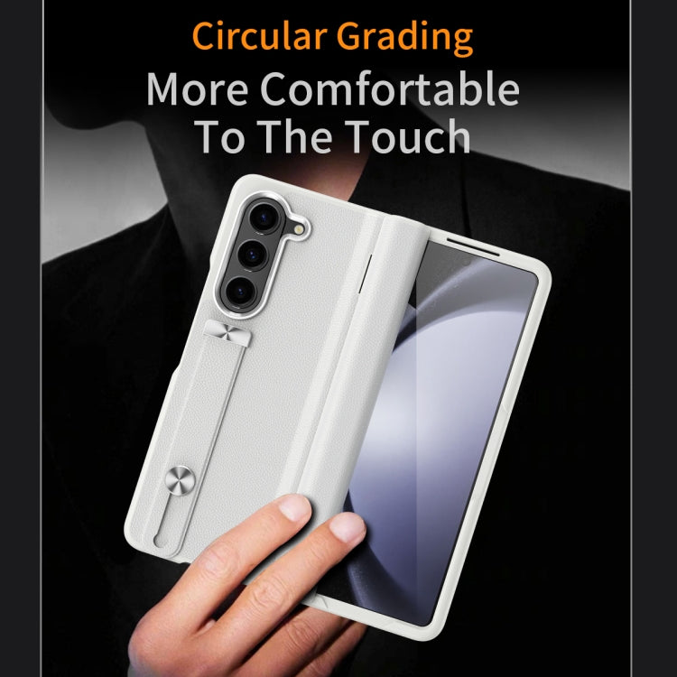 For Samsung Galaxy Z Fold5 5G Wristband Holder Grain Leather Folding Phone Case(White) - Galaxy Z Fold5 Cases by buy2fix | Online Shopping UK | buy2fix