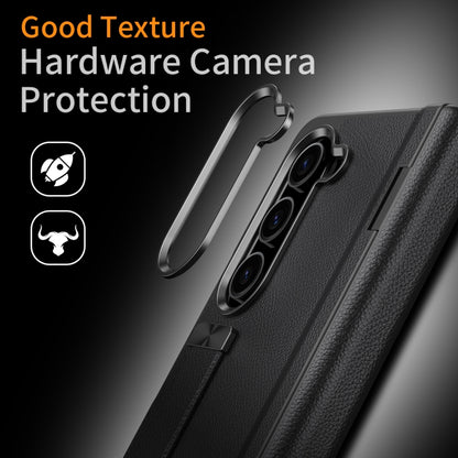 For Samsung Galaxy Z Fold5 5G Wristband Holder Grain Leather Folding Phone Case(Black) - Galaxy Z Fold5 Cases by buy2fix | Online Shopping UK | buy2fix