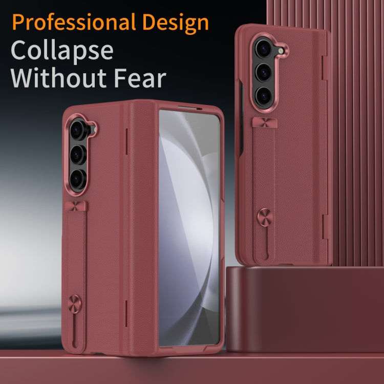 For Samsung Galaxy Z Fold5 5G Wristband Holder Grain Leather Folding Phone Case(Red) - Galaxy Z Fold5 Cases by buy2fix | Online Shopping UK | buy2fix