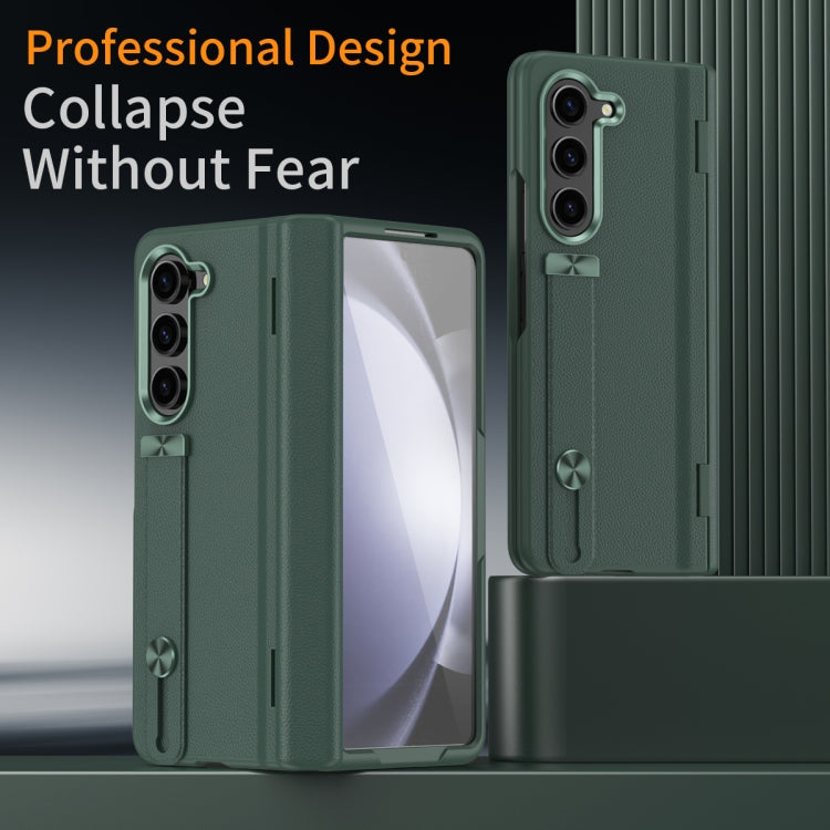 For Samsung Galaxy Z Fold5 5G Wristband Holder Grain Leather Folding Phone Case(Green) - Galaxy Z Fold5 Cases by buy2fix | Online Shopping UK | buy2fix