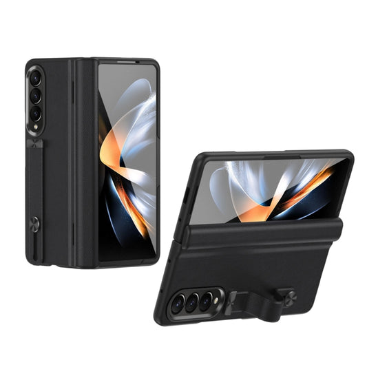 For Samsung Galaxy Z Fold4 Wristband Holder Grain Leather Folding Phone Case(Black) - Galaxy Z Fold4 5G Cases by buy2fix | Online Shopping UK | buy2fix
