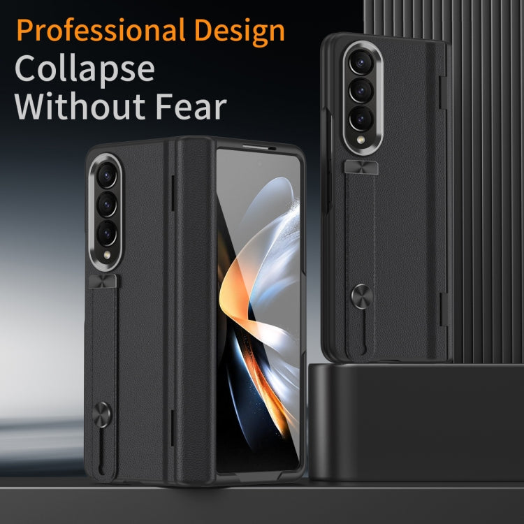For Samsung Galaxy Z Fold4 Wristband Holder Grain Leather Folding Phone Case(Black) - Galaxy Z Fold4 5G Cases by buy2fix | Online Shopping UK | buy2fix